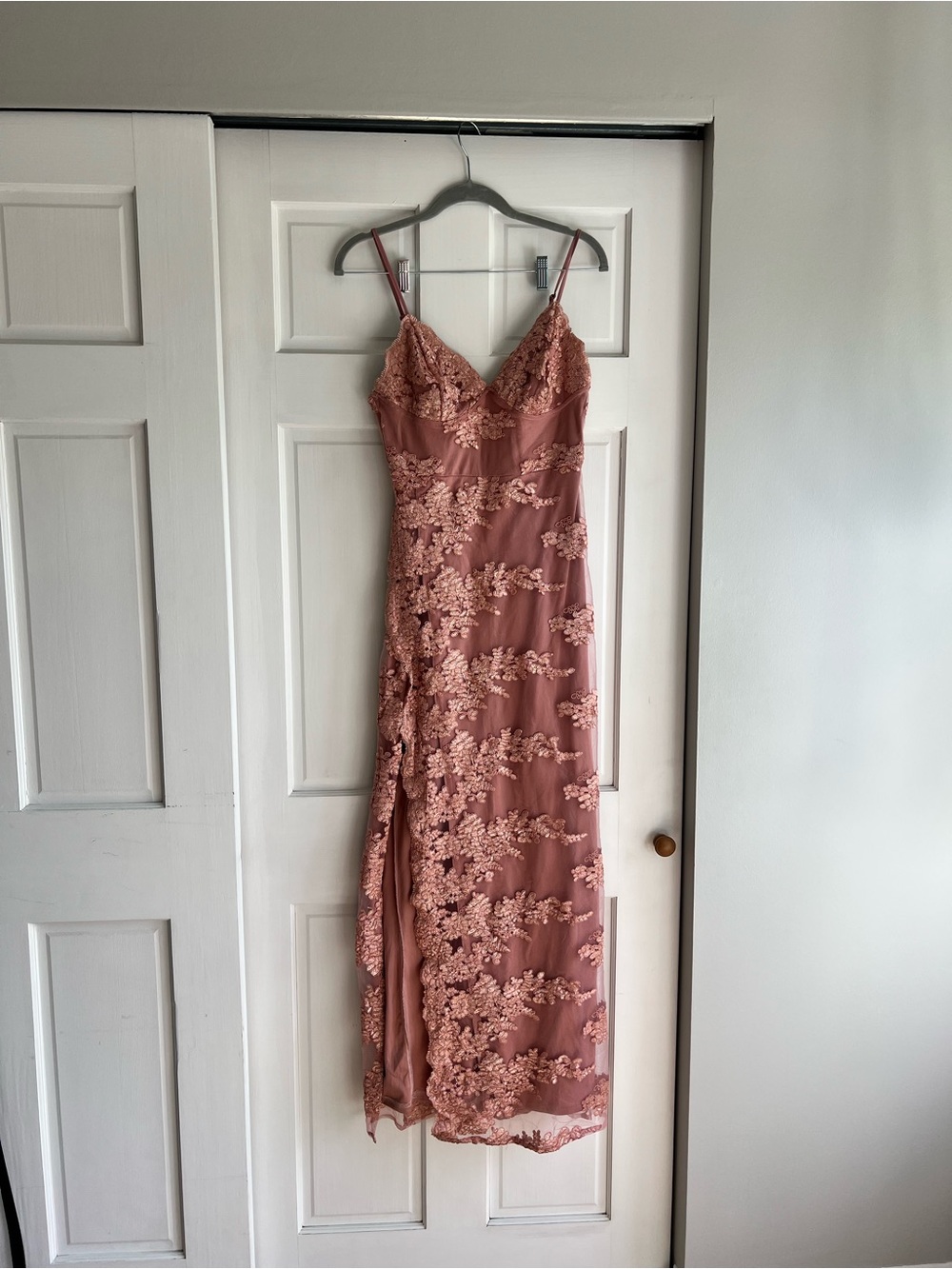 Fashion Nova Mauve Lace-Appliqué Maxi Slip Dress